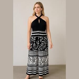 Sandra Darren Black White Floral Striped Knit Sleeveless Halter Maxi Dress 12